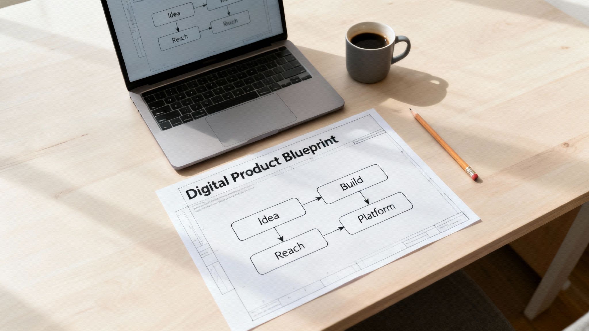 A laptop displaying a digital product blueprint with charts and icons, surrounded by a coffee cup and notebook.