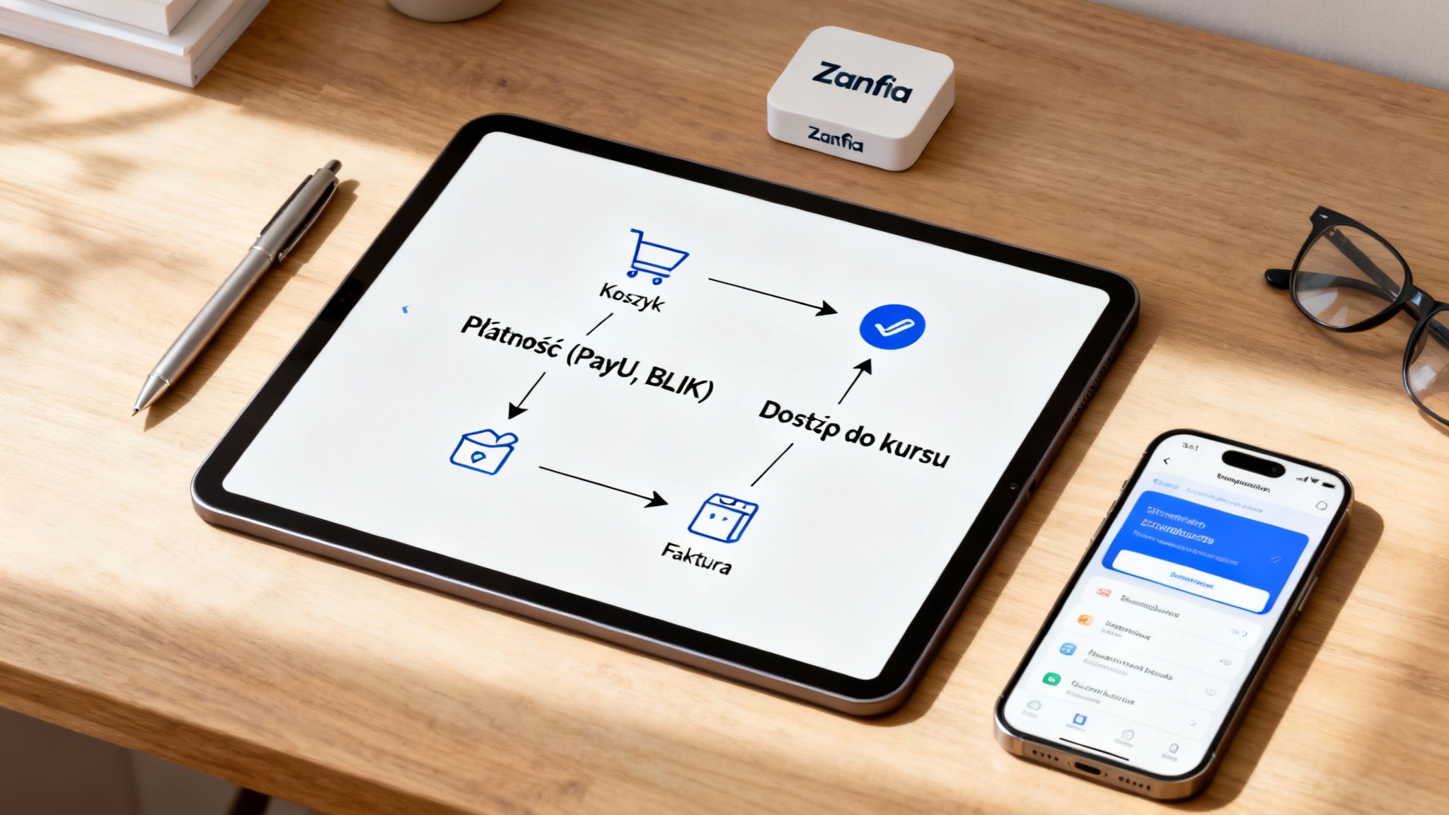 Widok z góry na biurko z tabletem pokazującym schemat płatności online i dostępu do kursu, obok smartfon i długopis.