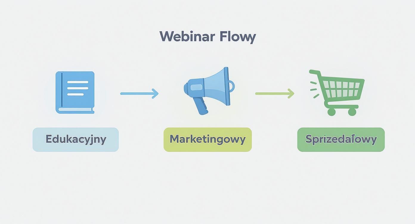 Diagram przedstawiający przepływ webinara: etap edukacyjny (książka), marketingowy (megafon) i sprzedażowy (koszyk), ilustrujący strategię.
