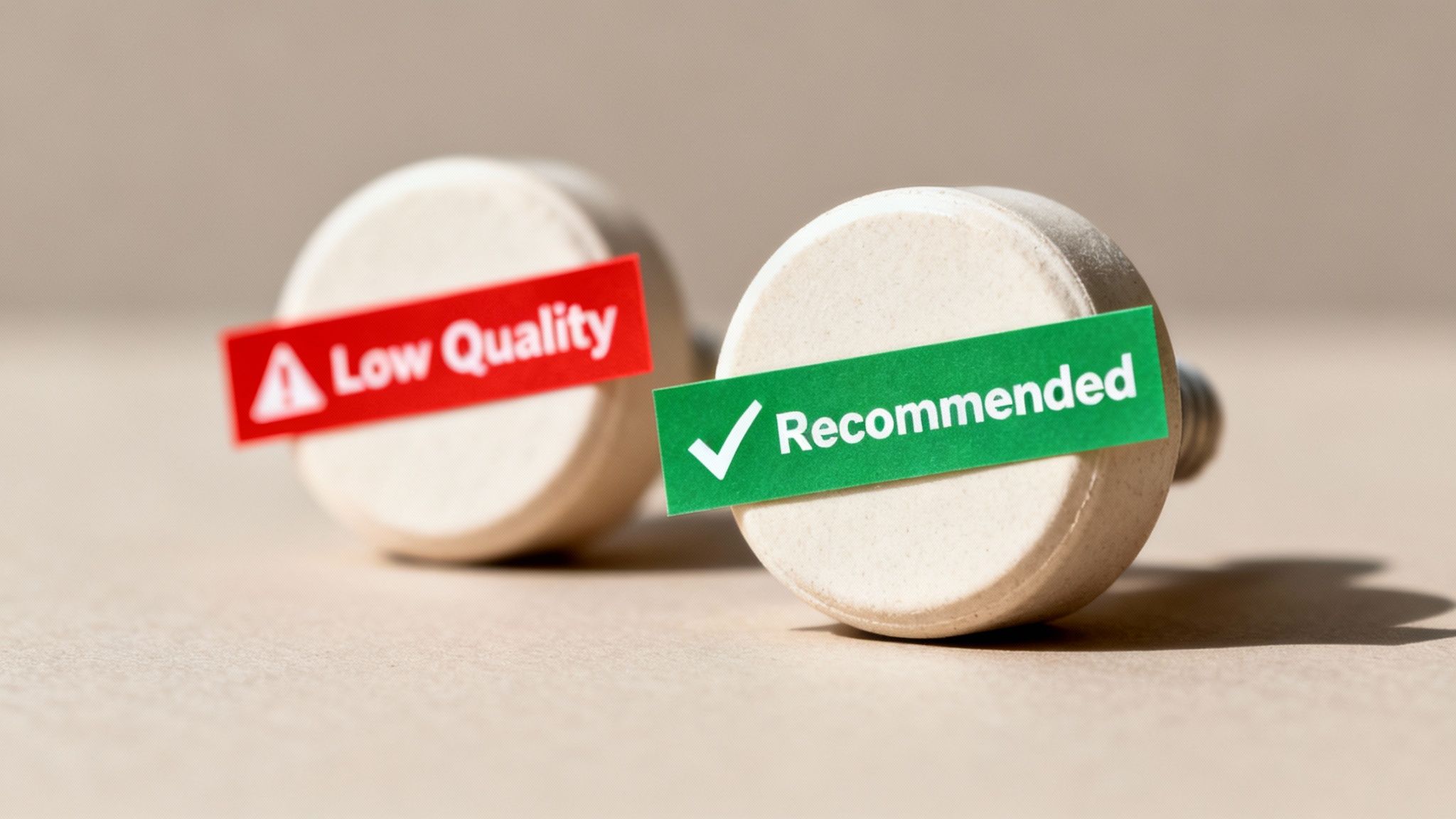 Two round objects, one red-labeled 'Low Quality', the other green-labeled 'Recommended', symbolizing choices.