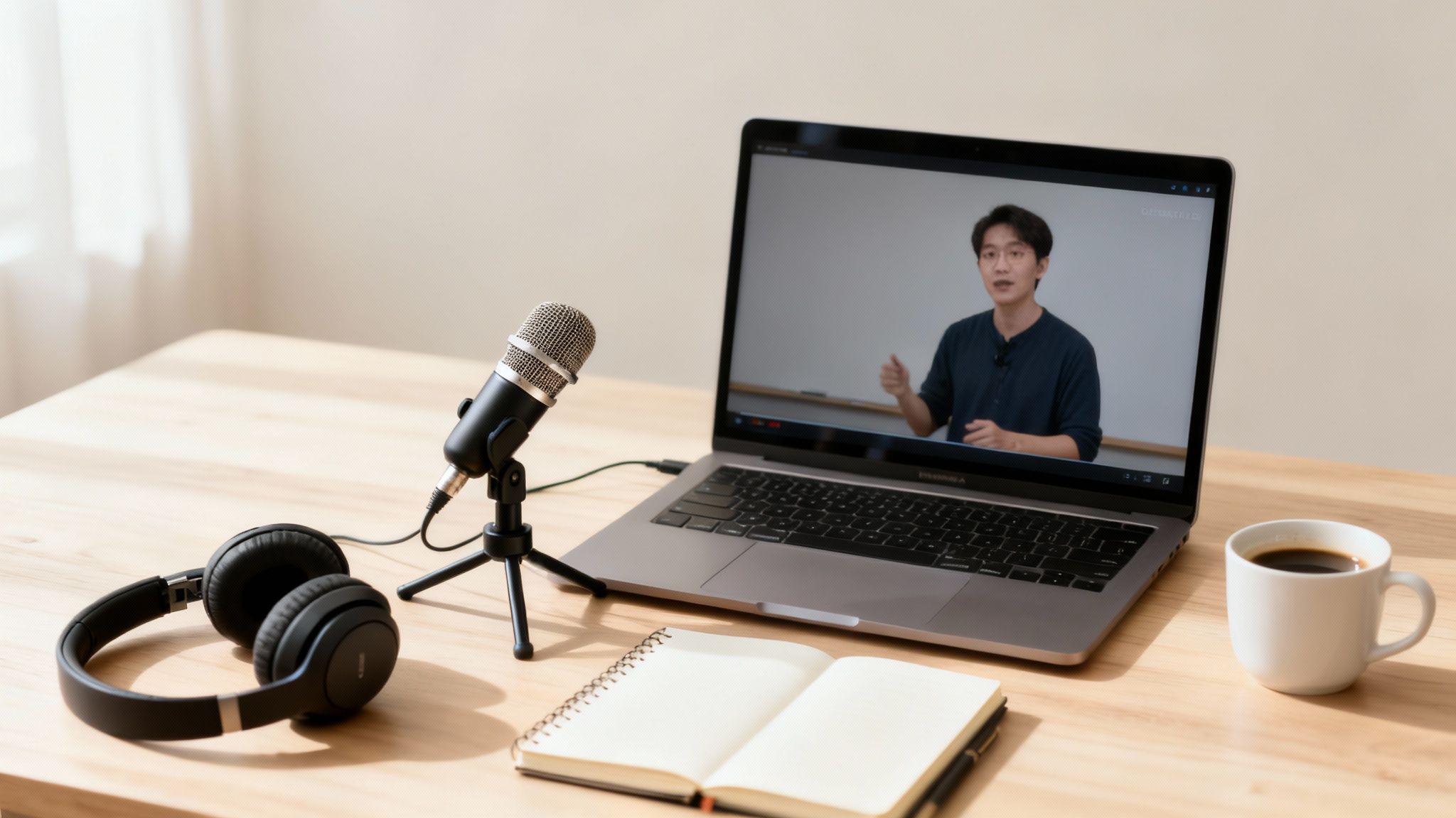 Biurko z laptopem wyświetlającym lekcję online, mikrofonem, słuchawkami, notatnikiem i kawą.