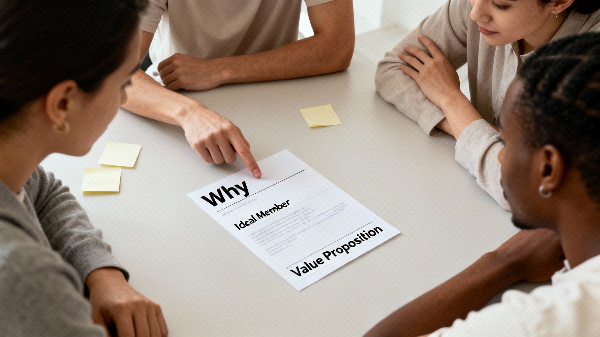 Diverse team collaborating on a document outlining 'Why', 'Ideal Member', and 'Value Proposition'.