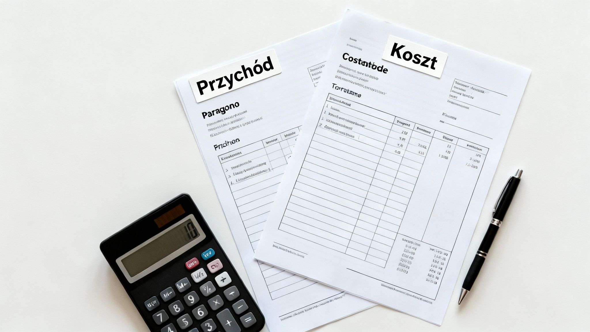 Dokumenty finansowe oznaczone jako "Przychód" i "Koszt", kalkulator oraz długopis na białym tle. Obraz przedstawia rozliczenia finansowe.
