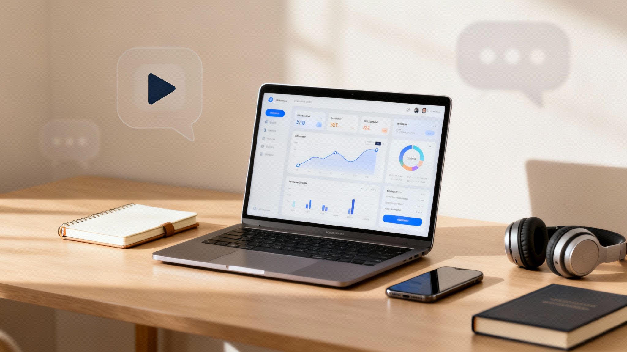 Laptop z panelem danych, notes, smartfon, słuchawki na drewnianym biurku, z dymkami czatu i ikoną odtwarzania.