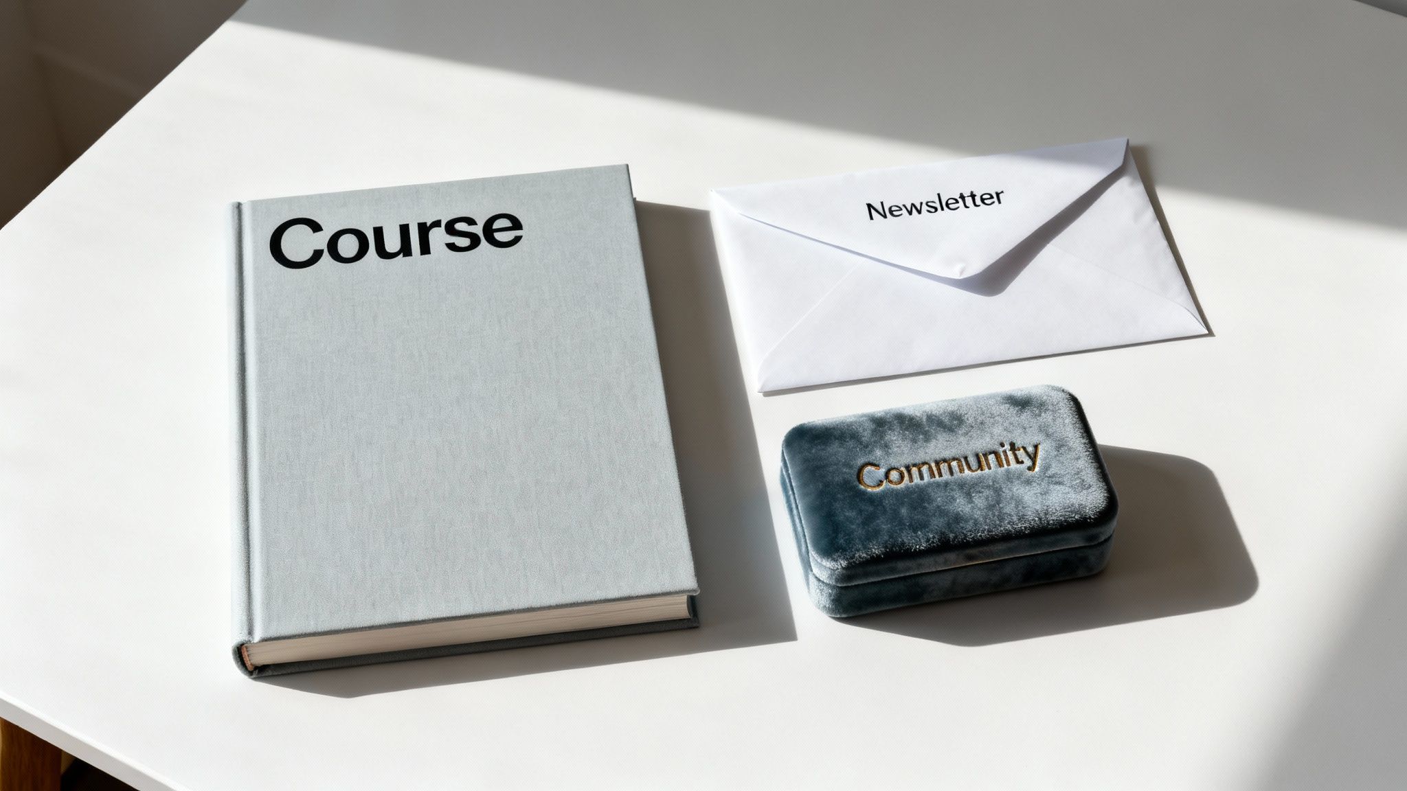 Course book, Newsletter envelope, and Community box on a sunlit white table.