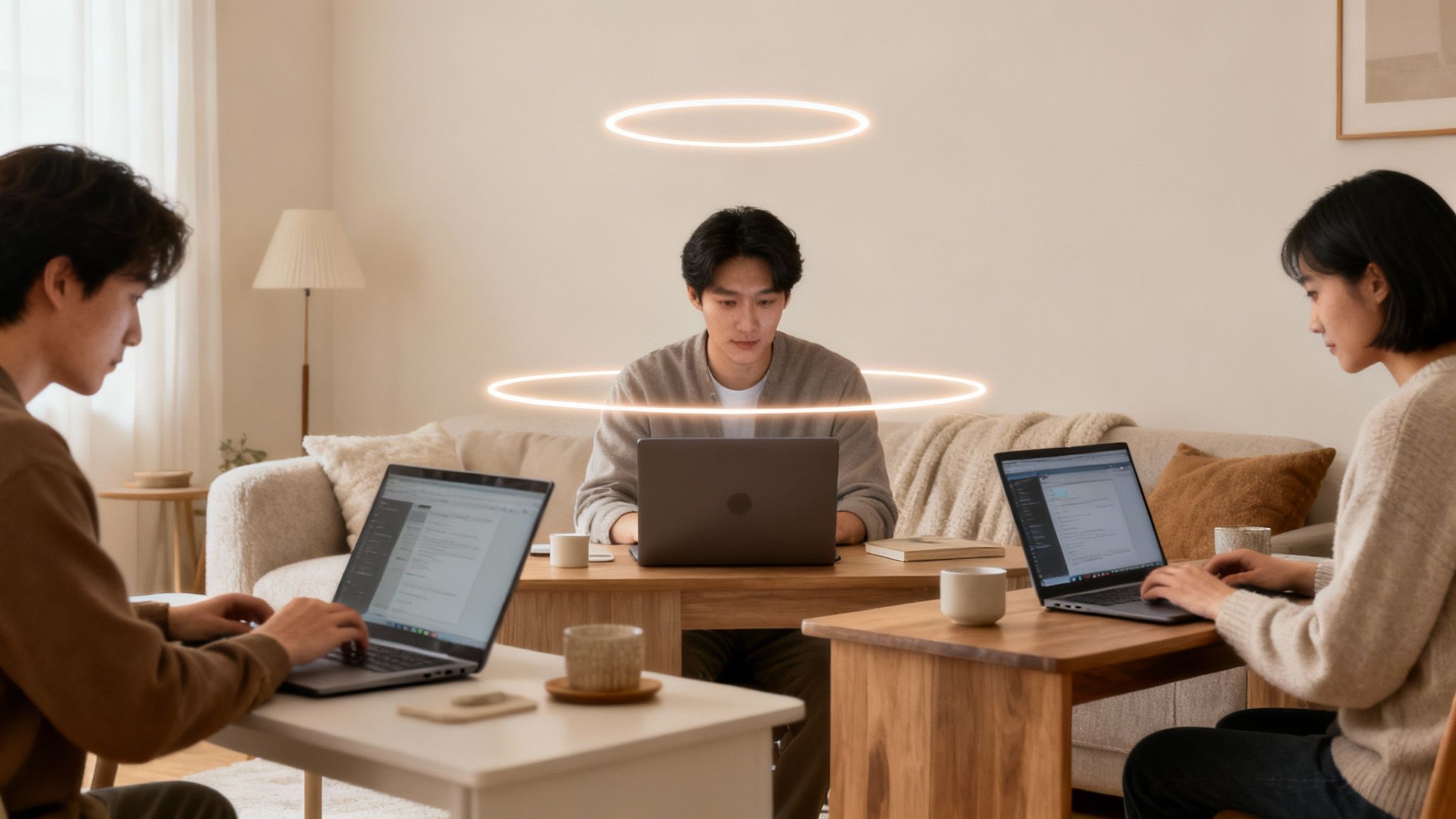 Trzy osoby pracujące na laptopach w komfortowym salonie, z świetlistymi kręgami wokół jednej osoby, symbolizującymi skupienie.