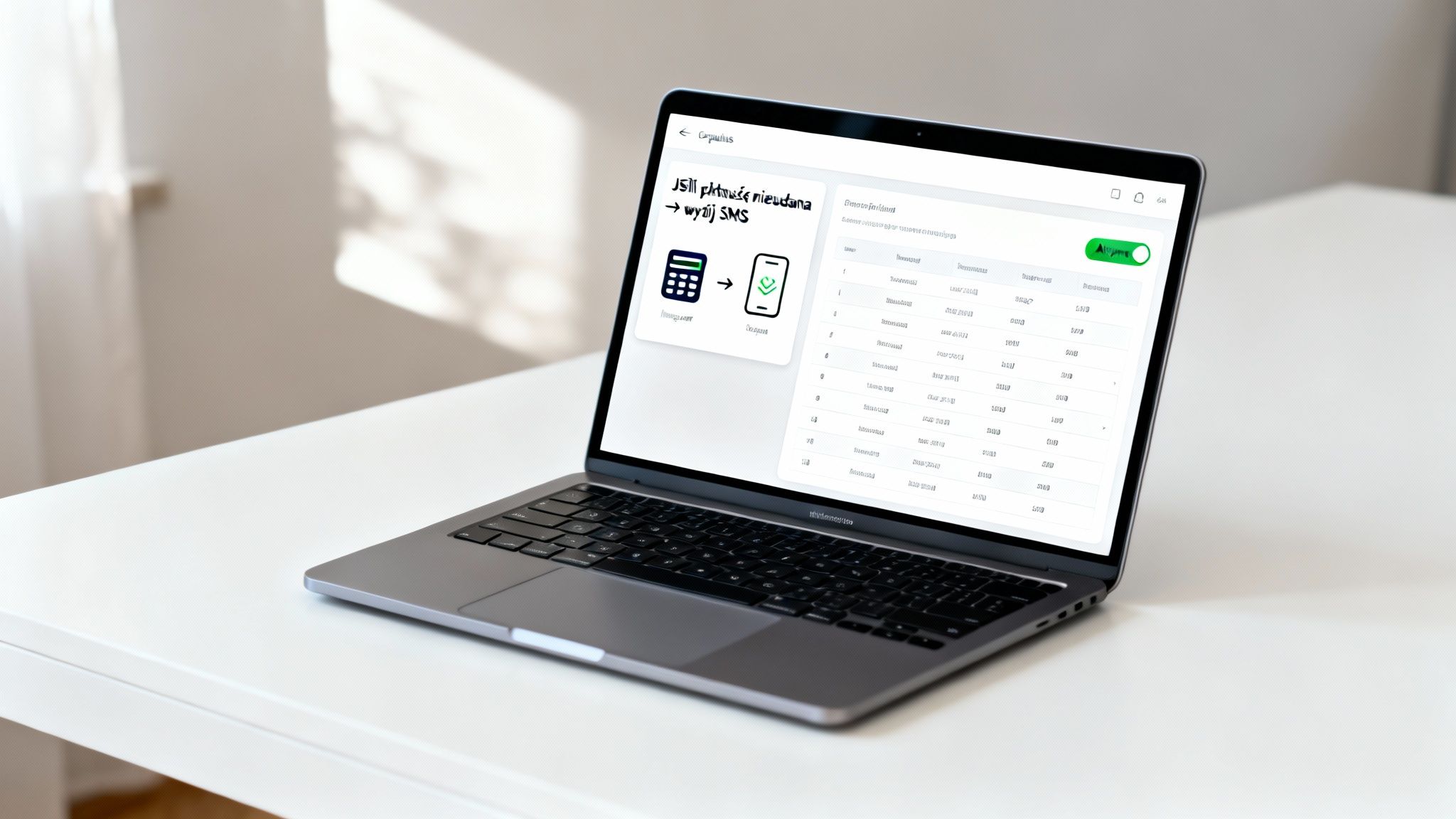 Laptop na biurku z aplikacją do zarządzania płatnościami, oferującą przypomnienia SMS w przypadku nieudanych transakcji.