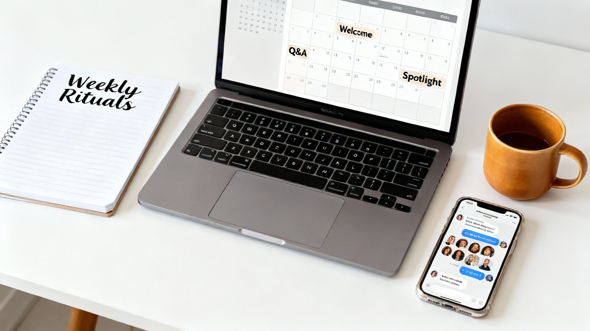 Overhead view of a modern workspace with a laptop, 'Weekly Rituals' notebook, coffee mug, and smartphone.