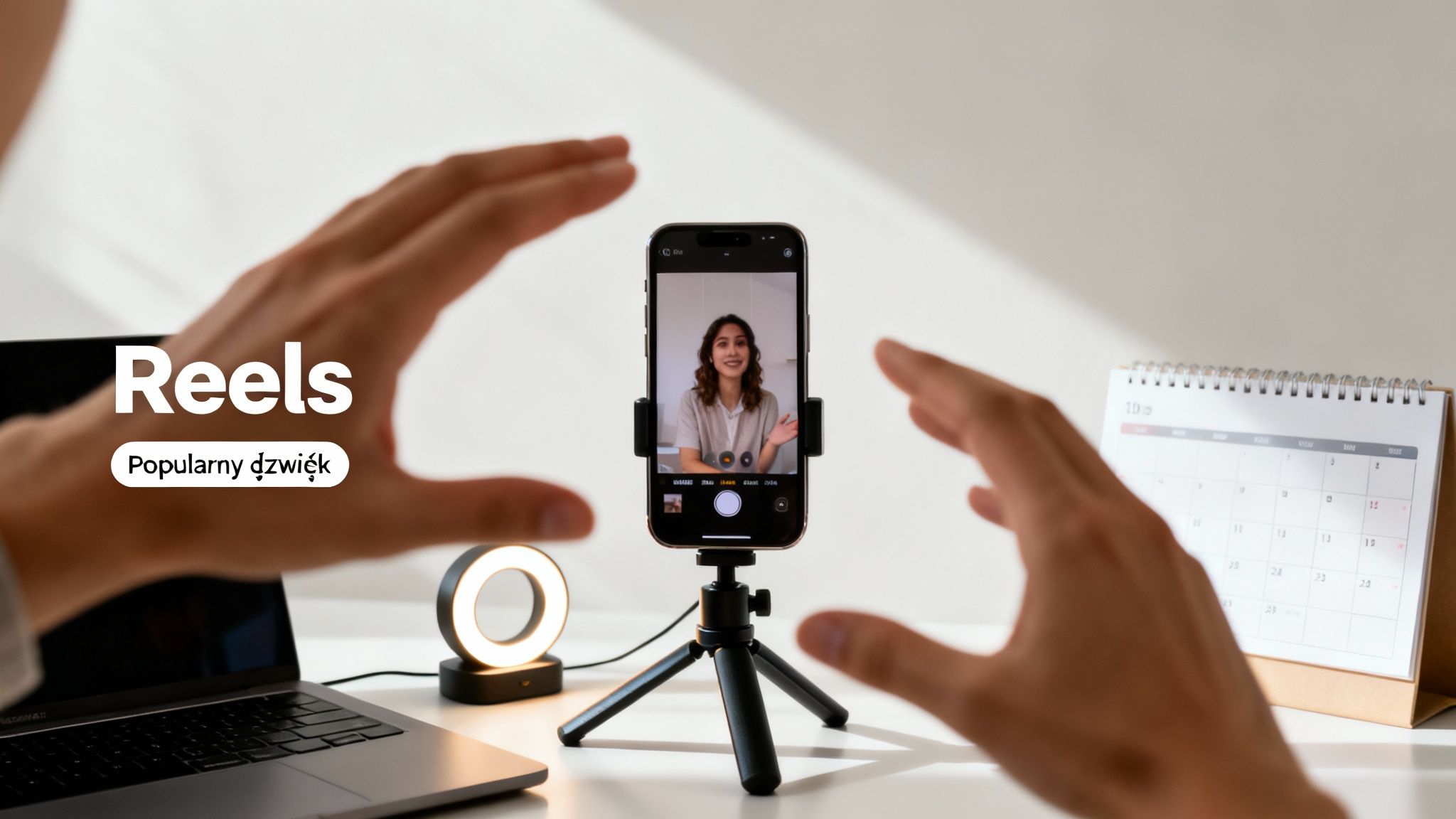 Osoba nagrywająca wideo na smartfonie umieszczonym na statywie, z napisami 'Reels' i 'Popularny dźwięk'.