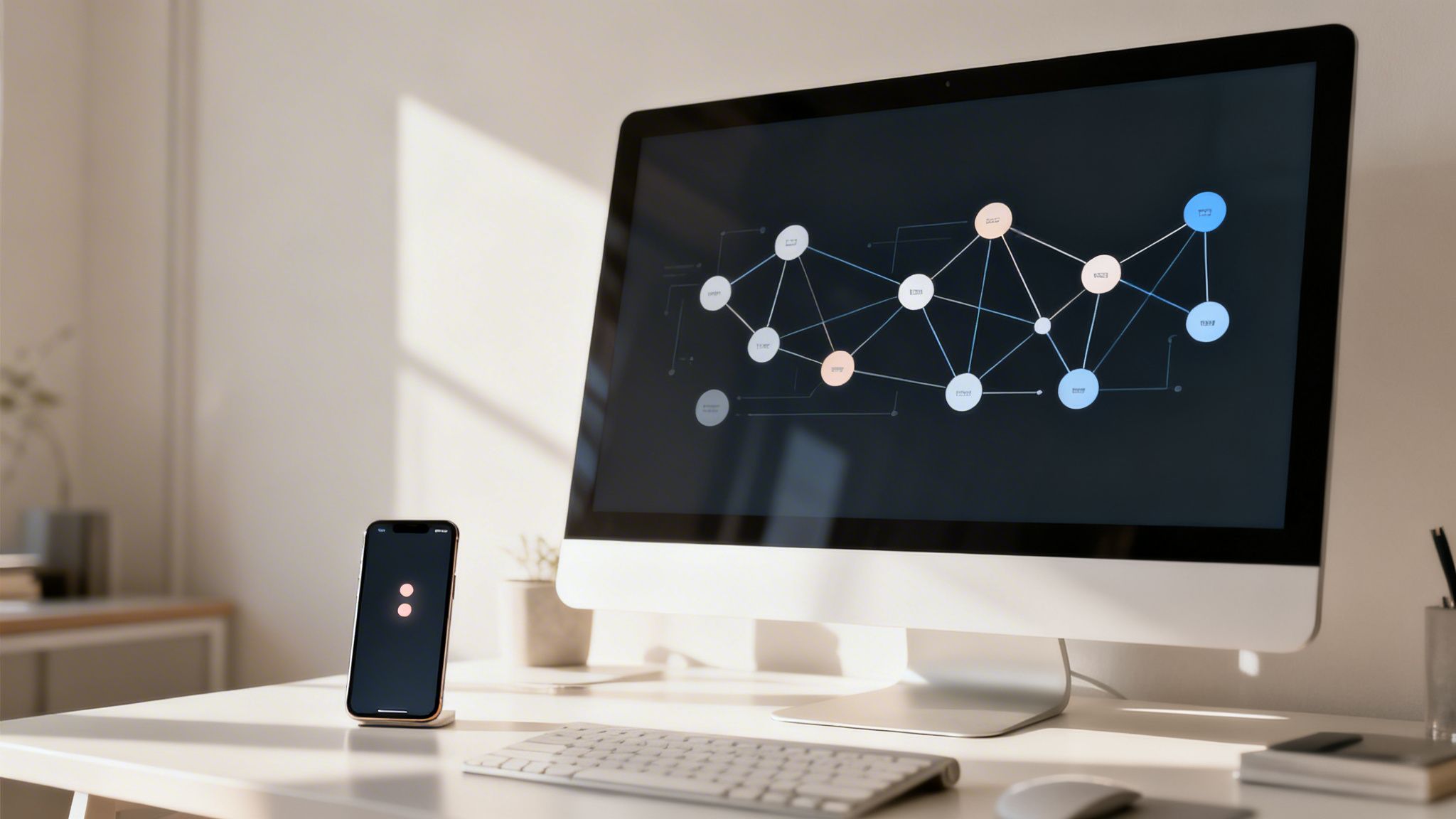 Nowoczesne biurko z monitorem pokazującym graf sieciowy i smartfonem na podstawce, w słonecznym świetle.