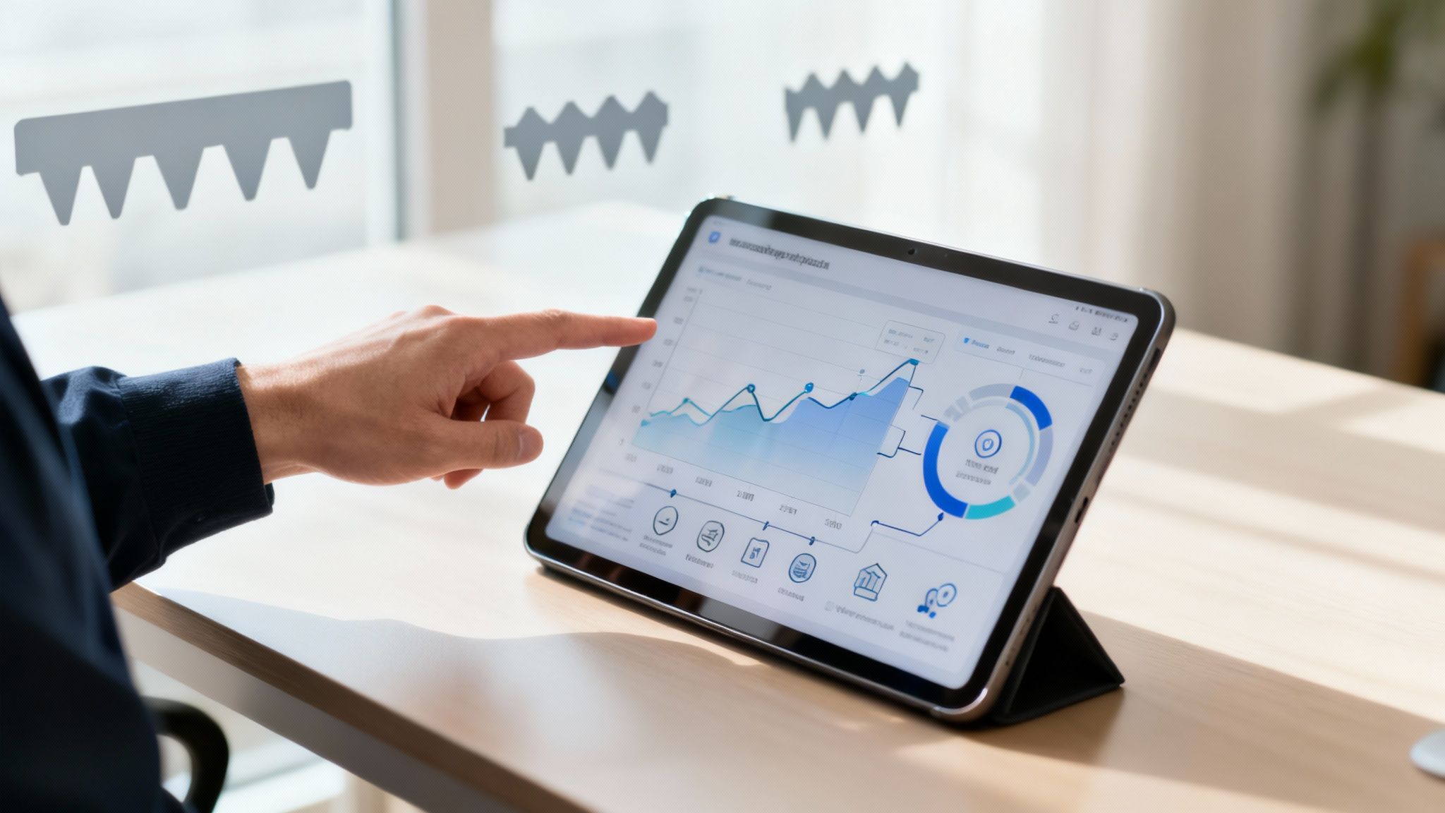 Mężczyzna przeglądający wykresy i dane analityczne na ekranie tabletu, korzystając z platformy online.