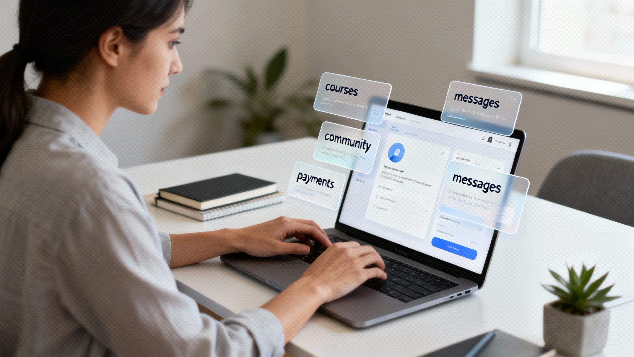 Młoda kobieta pracuje na laptopie z interaktywnymi, unoszącymi się ekranami kursów, społeczności i płatności.