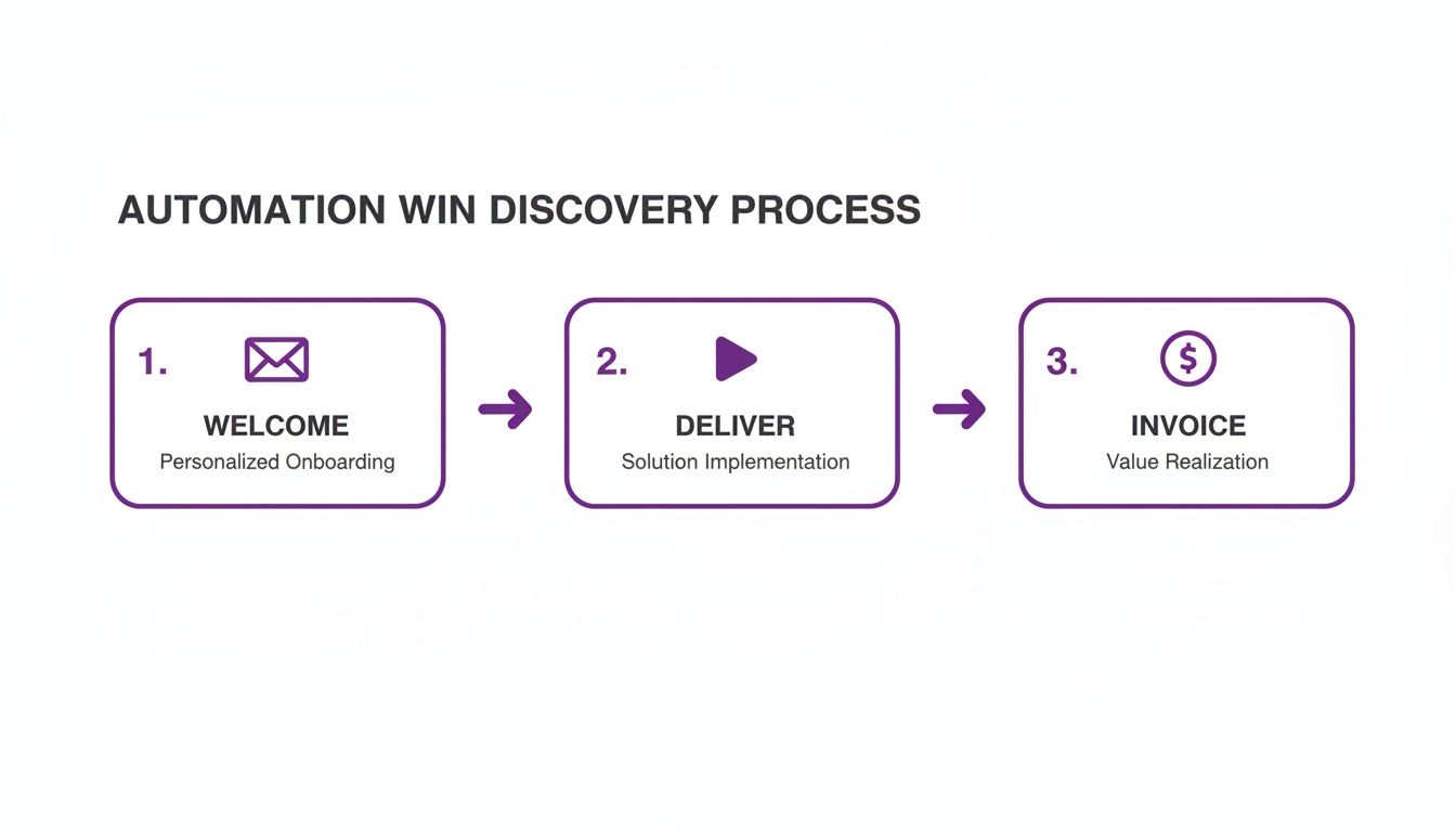 Diagram illustrating a three-step automation win discovery process: Welcome, Deliver, and Invoice stages.