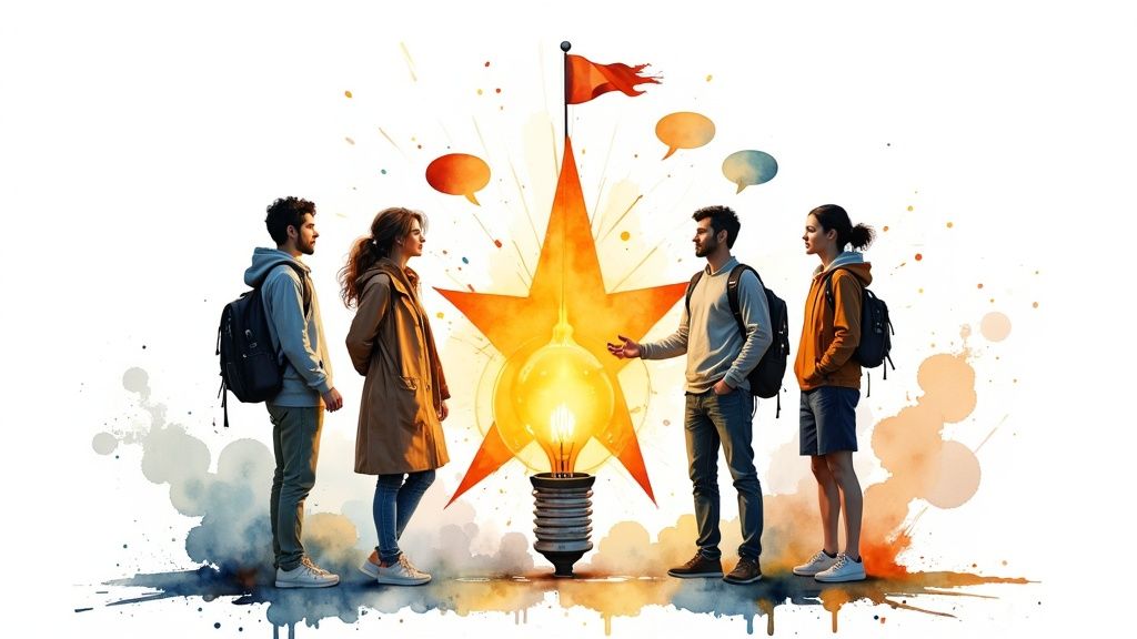 A diverse group of people actively participating in an online discussion, with chat bubbles and engagement icons floating around them.