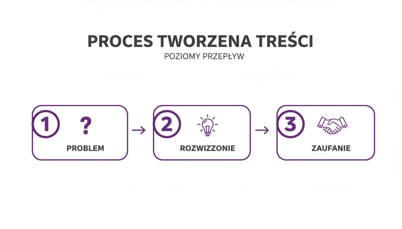 Grafika przedstawia proces tworzenia treści w trzech krokach: problem (znak zapytania), rozwiązanie (żarówka) i zaufanie (uścisk dłoni).