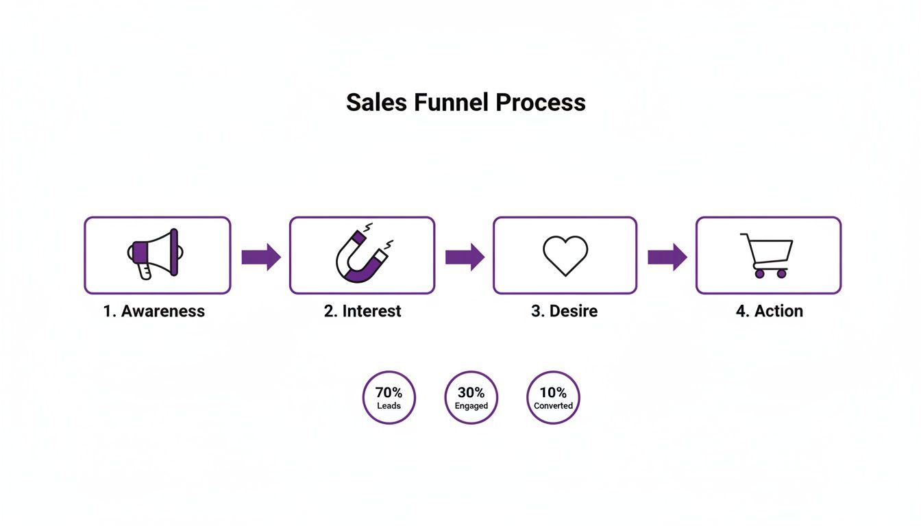 Visual representation of a sales funnel process with four stages: Awareness, Interest, Desire, and Action, plus conversion rates.