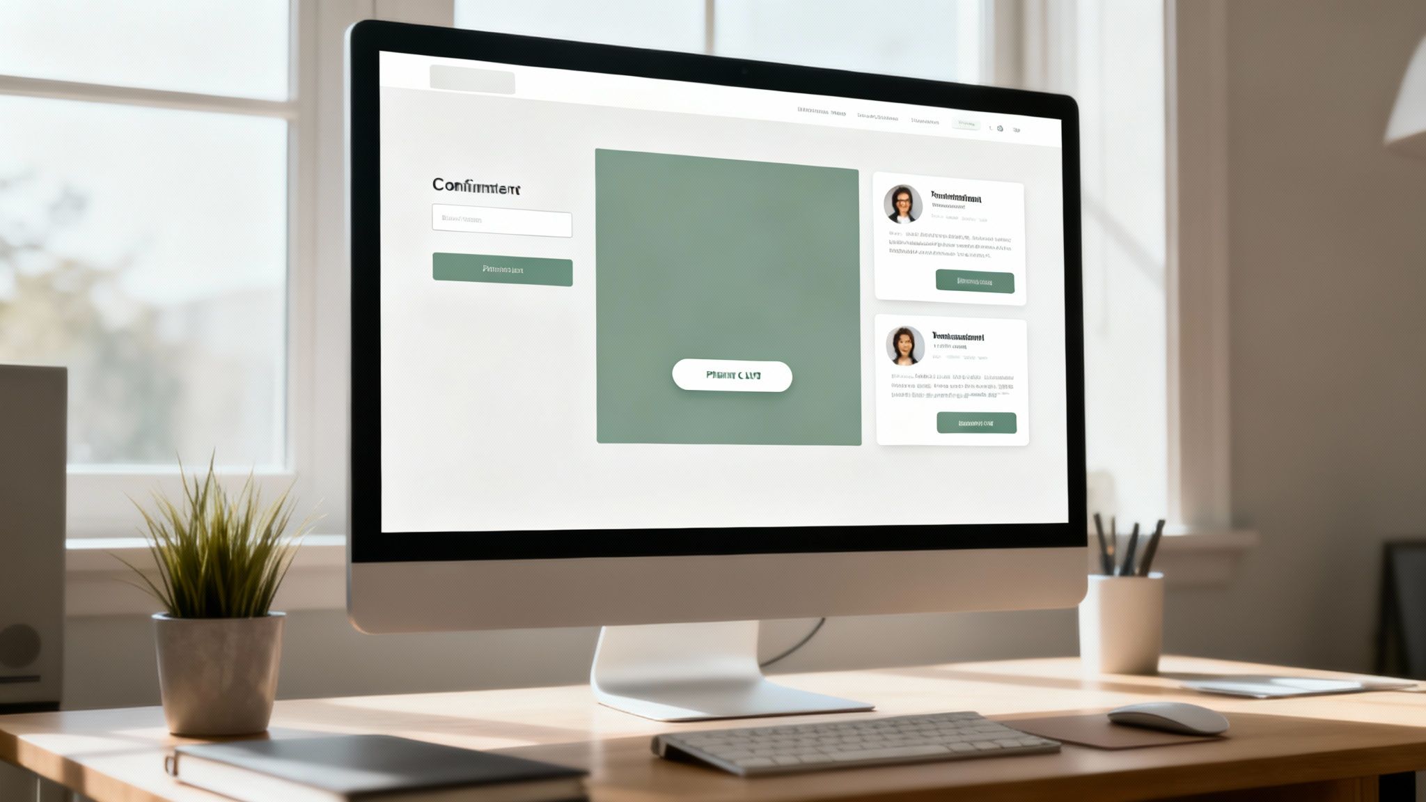 Monitor komputerowy na biurku wyświetla stronę potwierdzenia z formularzem i profilami użytkowników w nowoczesnym środowisku pracy.