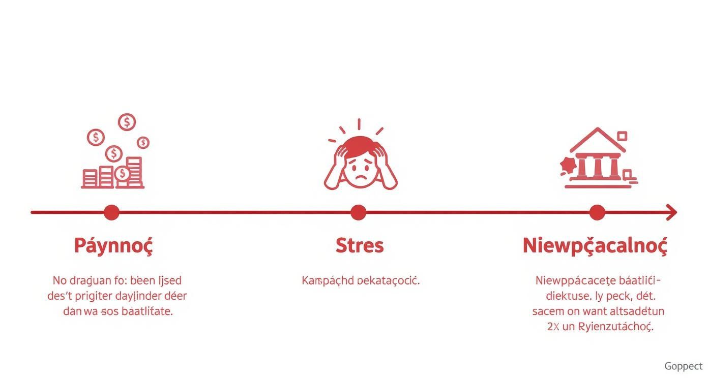Diagram przedstawiający ewolucję problemów finansowych: od płatności, przez stres, aż po niewypłacalność i możliwe konsekwencje prawne.
