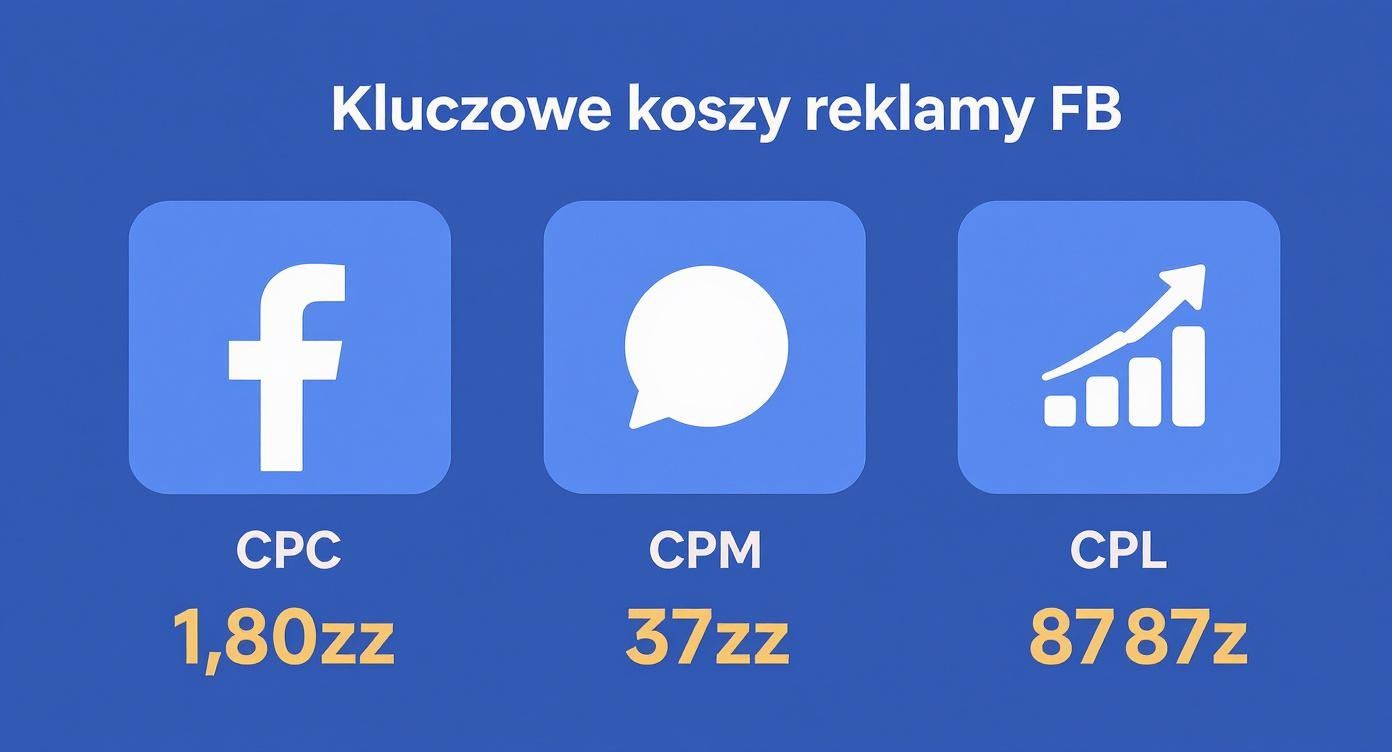 Kluczowe koszty reklamy na Facebooku: CPC 1,80 zł, CPM 37 zł, CPL 87,87 zł