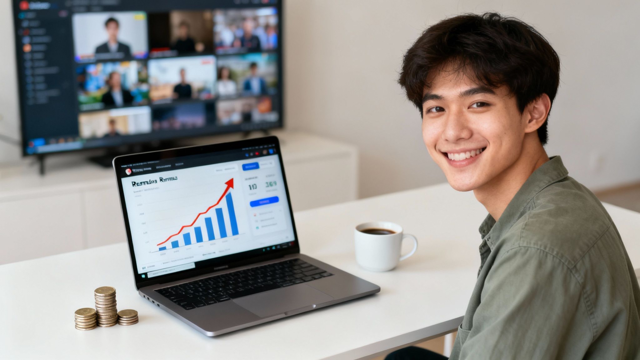 Młody mężczyzna uśmiecha się przy biurku z laptopem pokazującym wykres wzrostu, kawą i stosami monet. W tle ekran wideokonferencji.