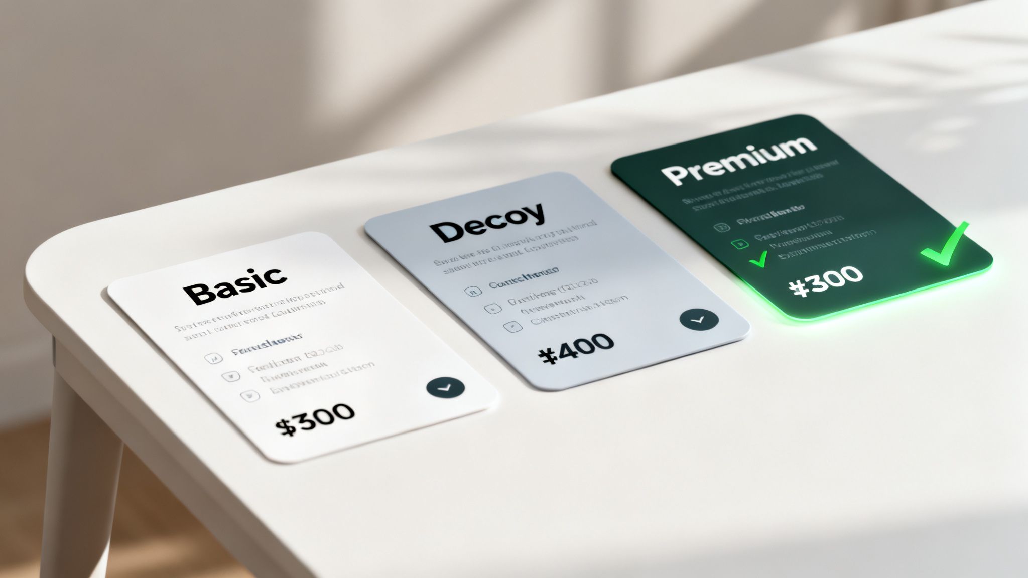 Three pricing plan cards, Basic, Decoy, and Premium, illustrating pricing psychology.