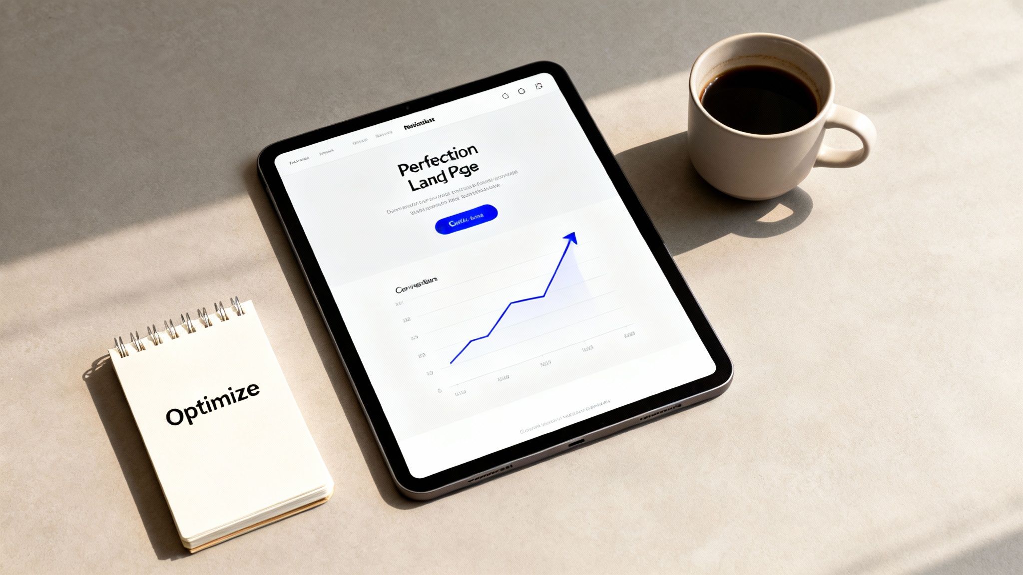 Overhead shot of a tablet displaying a landing page with a growth graph, a notebook saying 'Optimize', and a coffee mug.