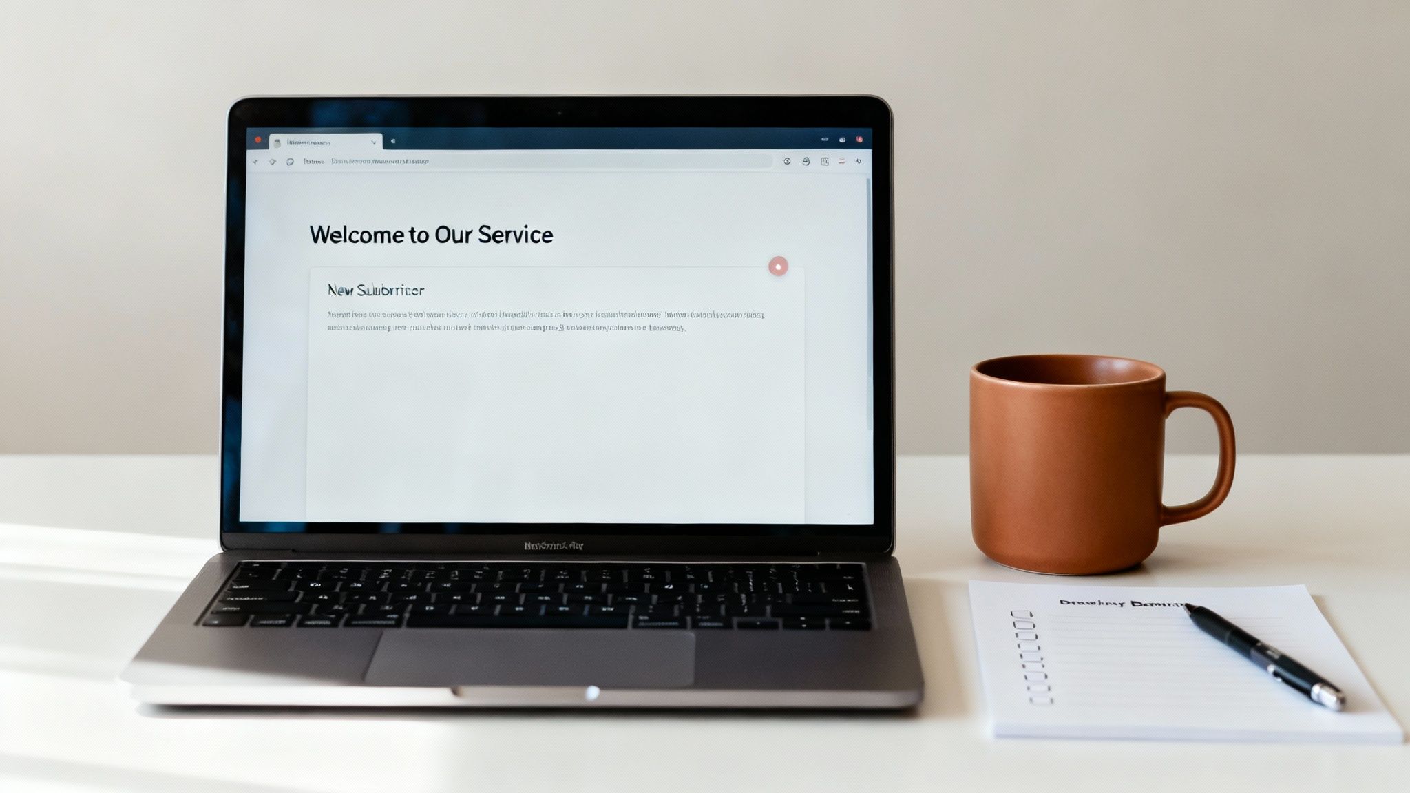 A clean workspace featuring a laptop, brown mug, notepad, and pen, bathed in soft light.