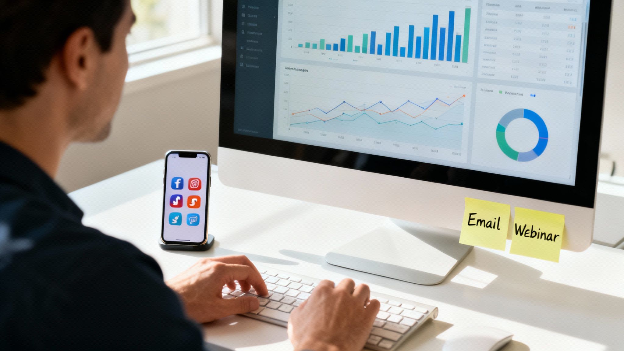 Osoba planująca strategię marketingową na tablicy, otoczona ikonami mediów społecznościowych, maili i reklam.