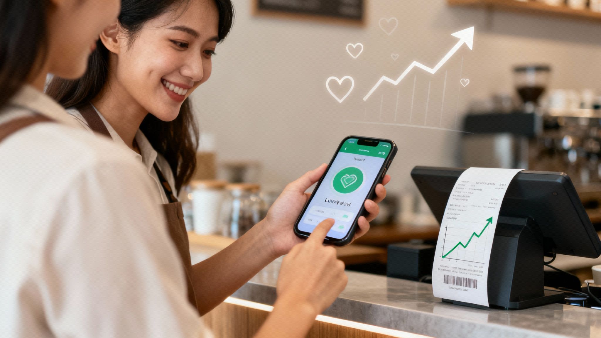 Grupa zadowolonych, lojalnych klientów przeglądających ofertę marki na swoich urządzeniach mobilnych