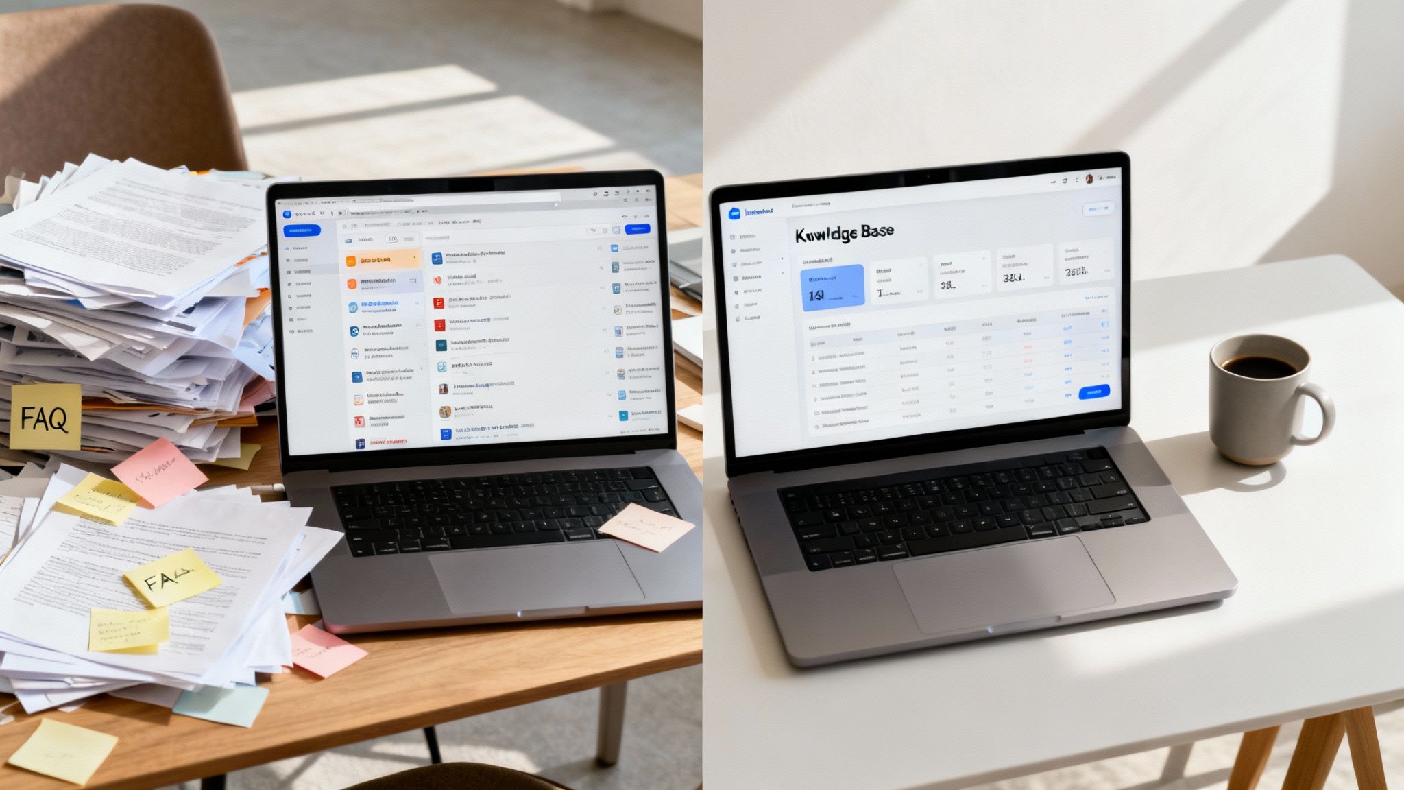 Cluttered desk with stacks of paper next to a laptop vs. a clean desk with a laptop displaying a digital knowledge base.