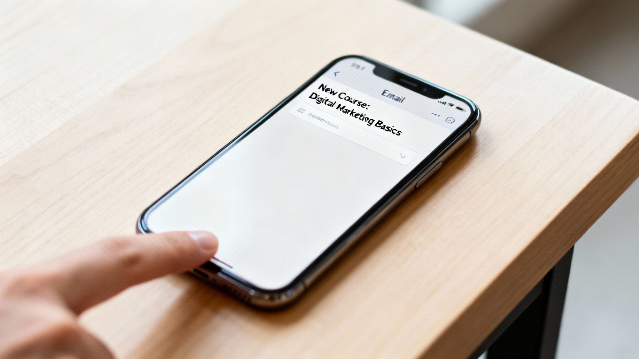 A close-up shot of a hand holding an iPhone displaying an email about a new digital marketing course on a wooden table.