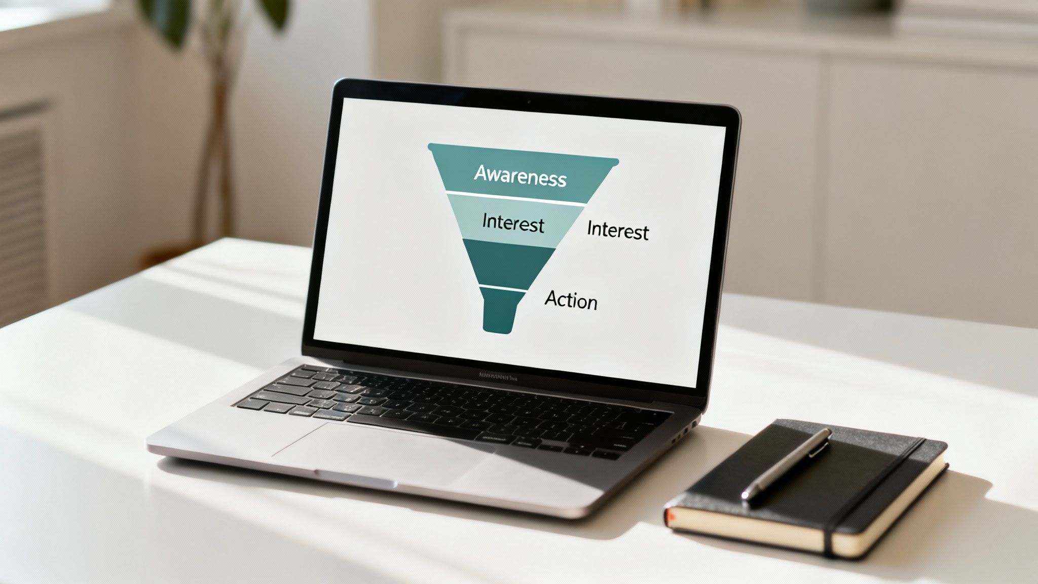 Laptop on a white desk displaying a marketing sales funnel diagram with stages like awareness, interest, and action.
