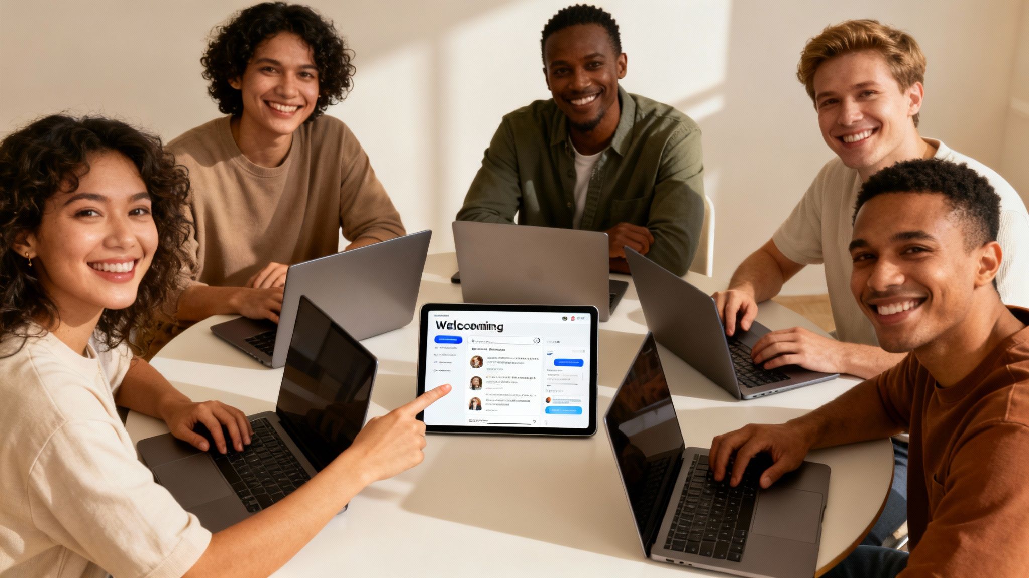 Diverse young people smiling and collaborating around a table, working on laptops and a tablet.