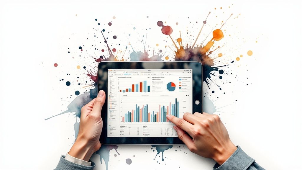 An overhead shot of two people's hands working on a laptop, analyzing charts and data related to community growth, with a cup of coffee nearby, representing strategic scaling.