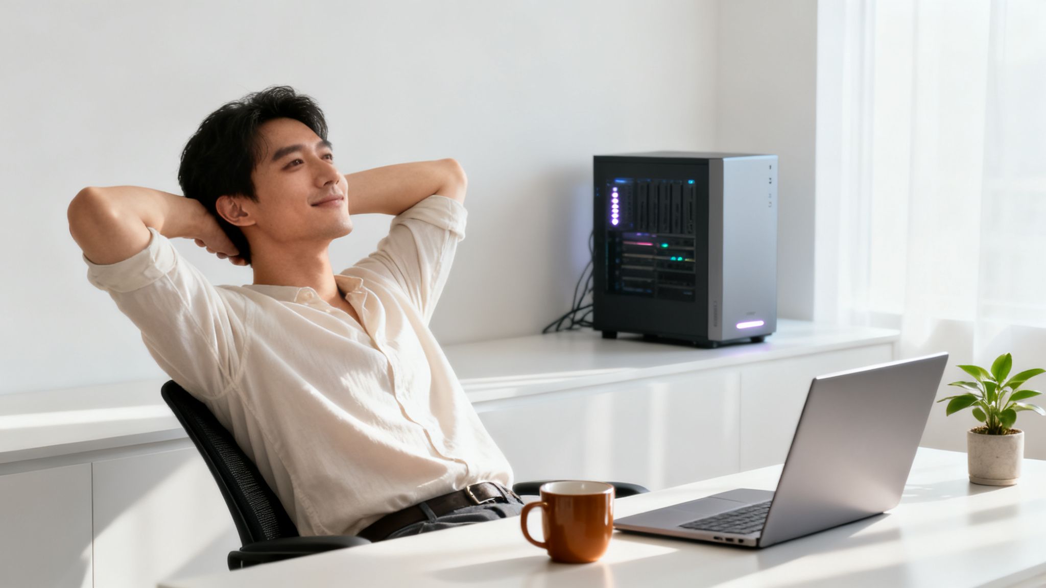 Młody mężczyzna relaksuje się w fotelu przy biurku z komputerem, laptopem i rośliną.