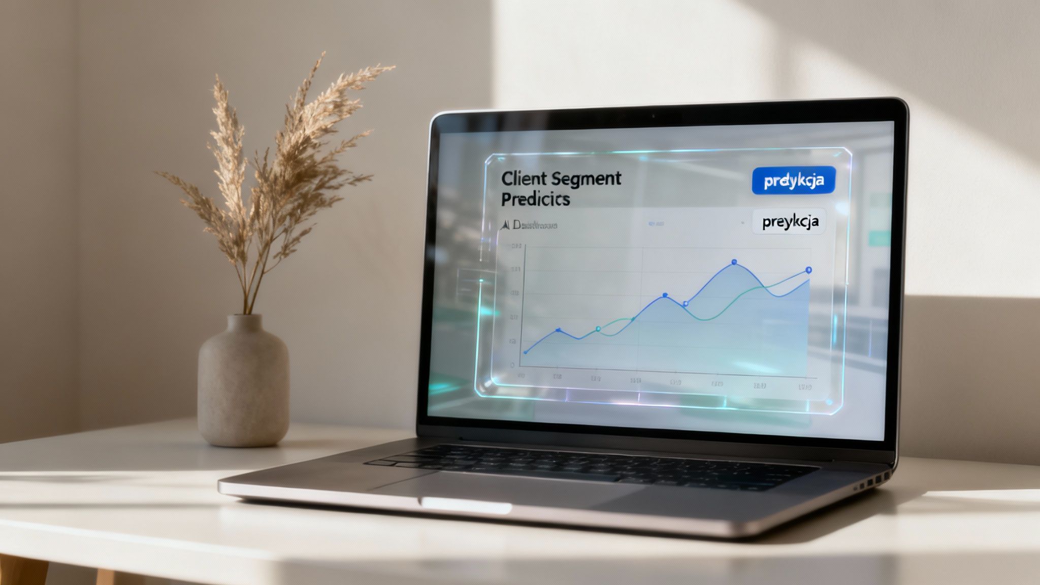 Osoba analizująca dane na futurystycznim interfejsie AI