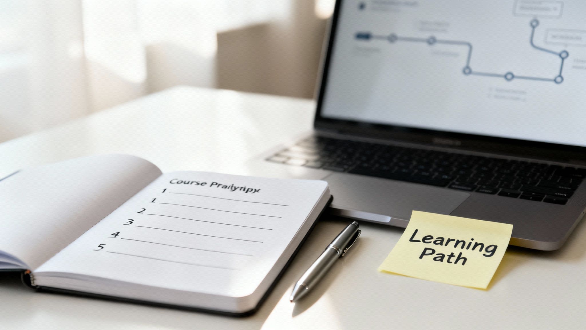 An open notebook with a course outline, a pen, and a laptop displaying a learning path diagram.
