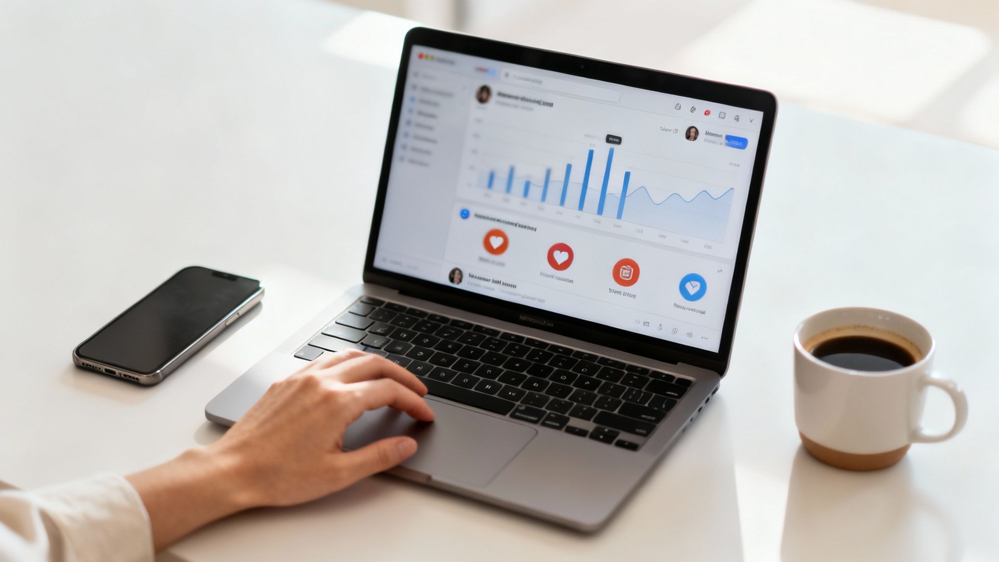 Osoba pracuje na laptopie z wykresem, obok leży smartfon i kubek kawy na białym stole.