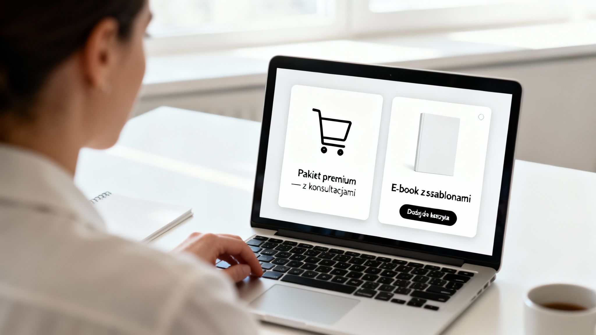 Osoba korzystająca z laptopa, na ekranie oferta pakietu premium i e-booka. Widoczna ręka na klawiaturze.