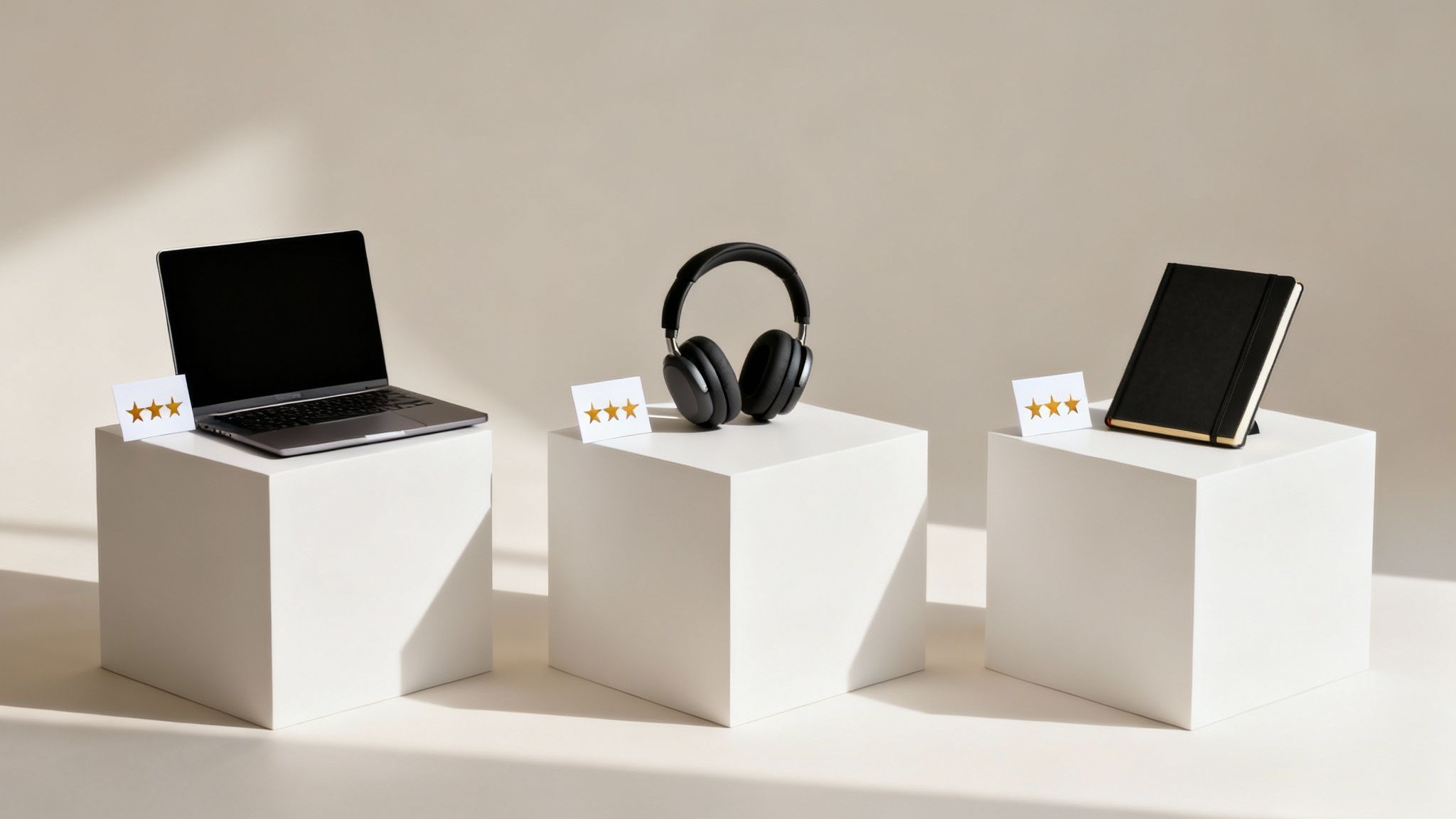 Three white pedestals displaying a laptop, headphones, and a notebook, each with a three-star rating.