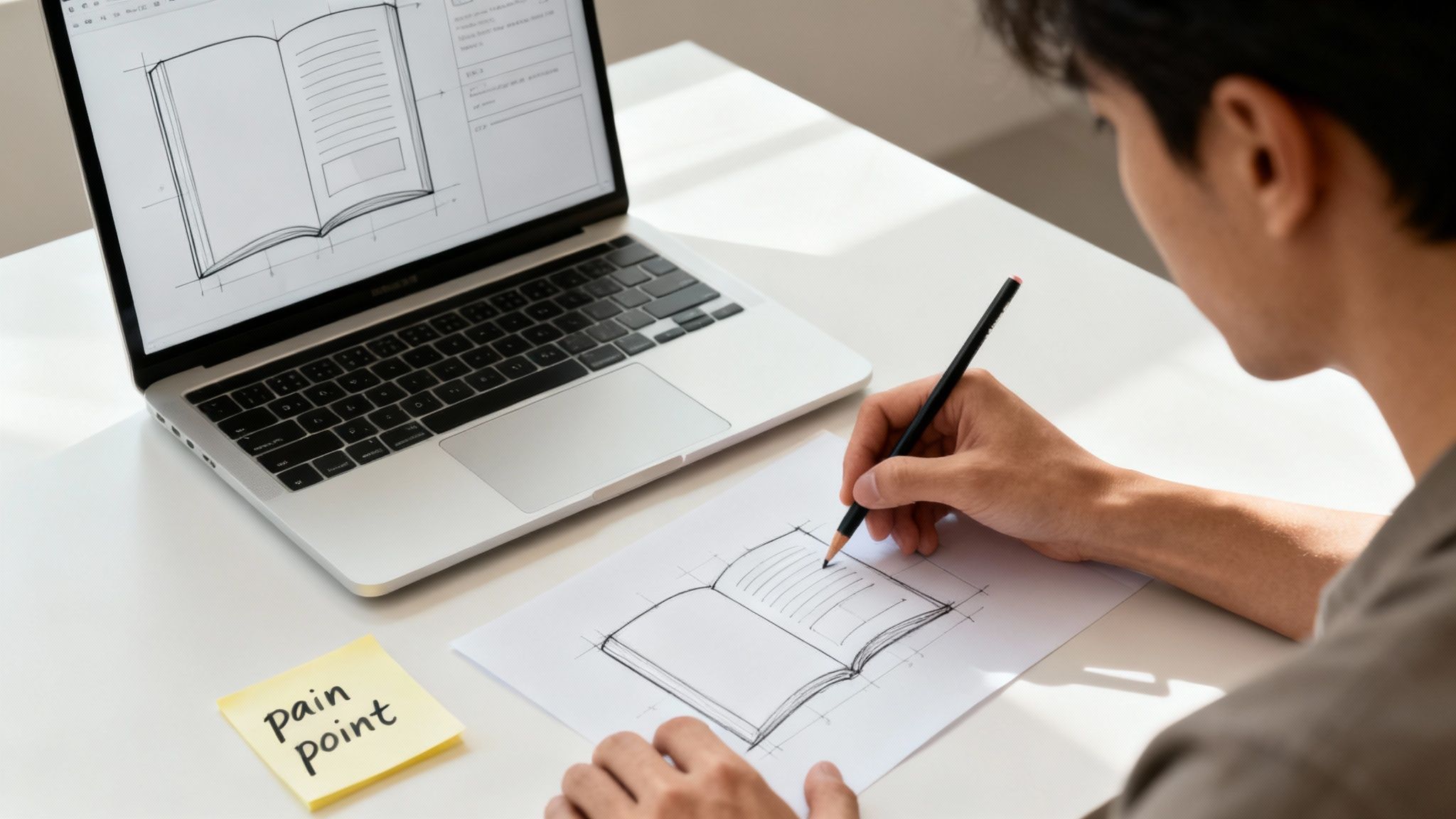 A person brainstorming ideas for a digital product on a whiteboard, surrounded by sticky notes.