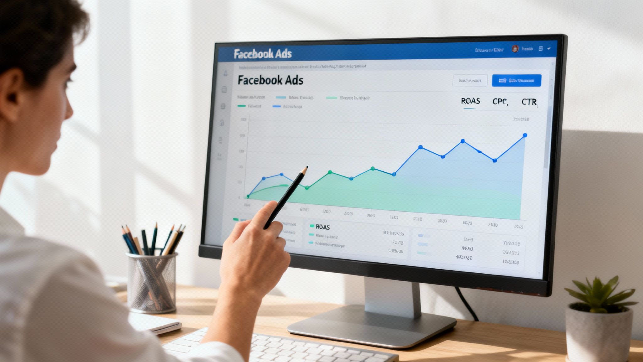 Wykresy i dane analityczne na ekranie komputera, symbolizujące analizę wyników kampanii na Facebooku.
