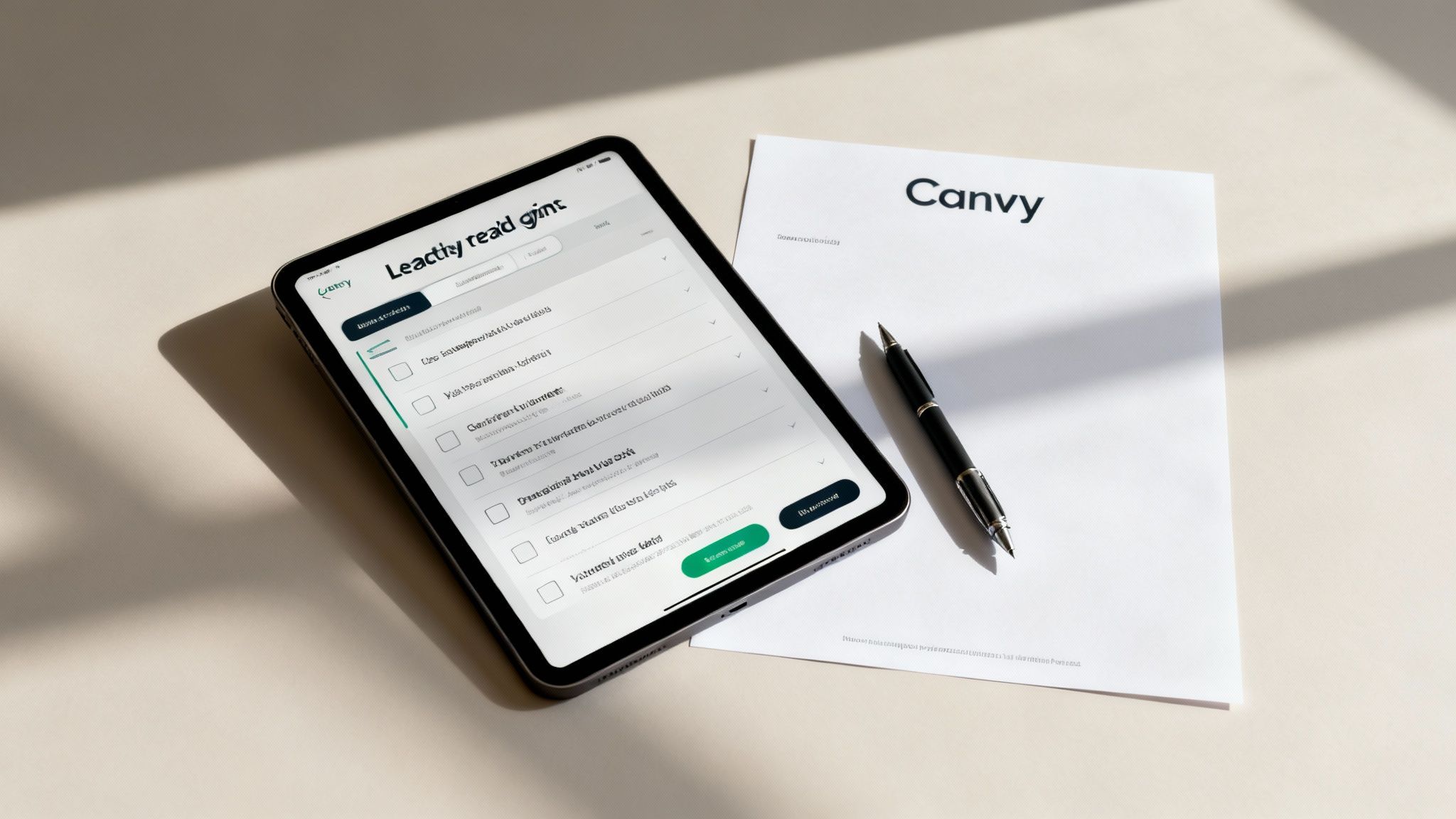 Tablet z aplikacją formularza, leżący obok dokumentu z logo Canvy i eleganckiego długopisu na jasnym blacie.