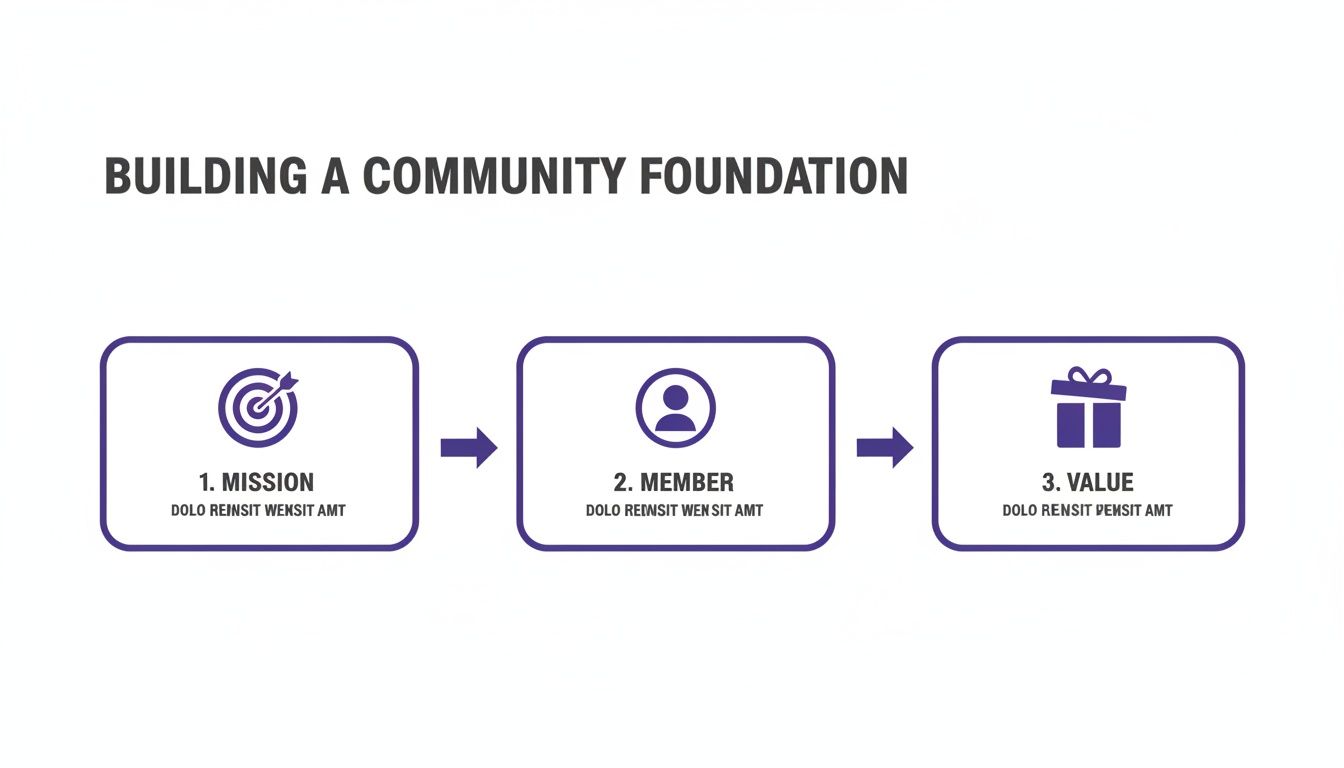 A three-step diagram illustrating the process of building a community foundation: mission, member, and value.