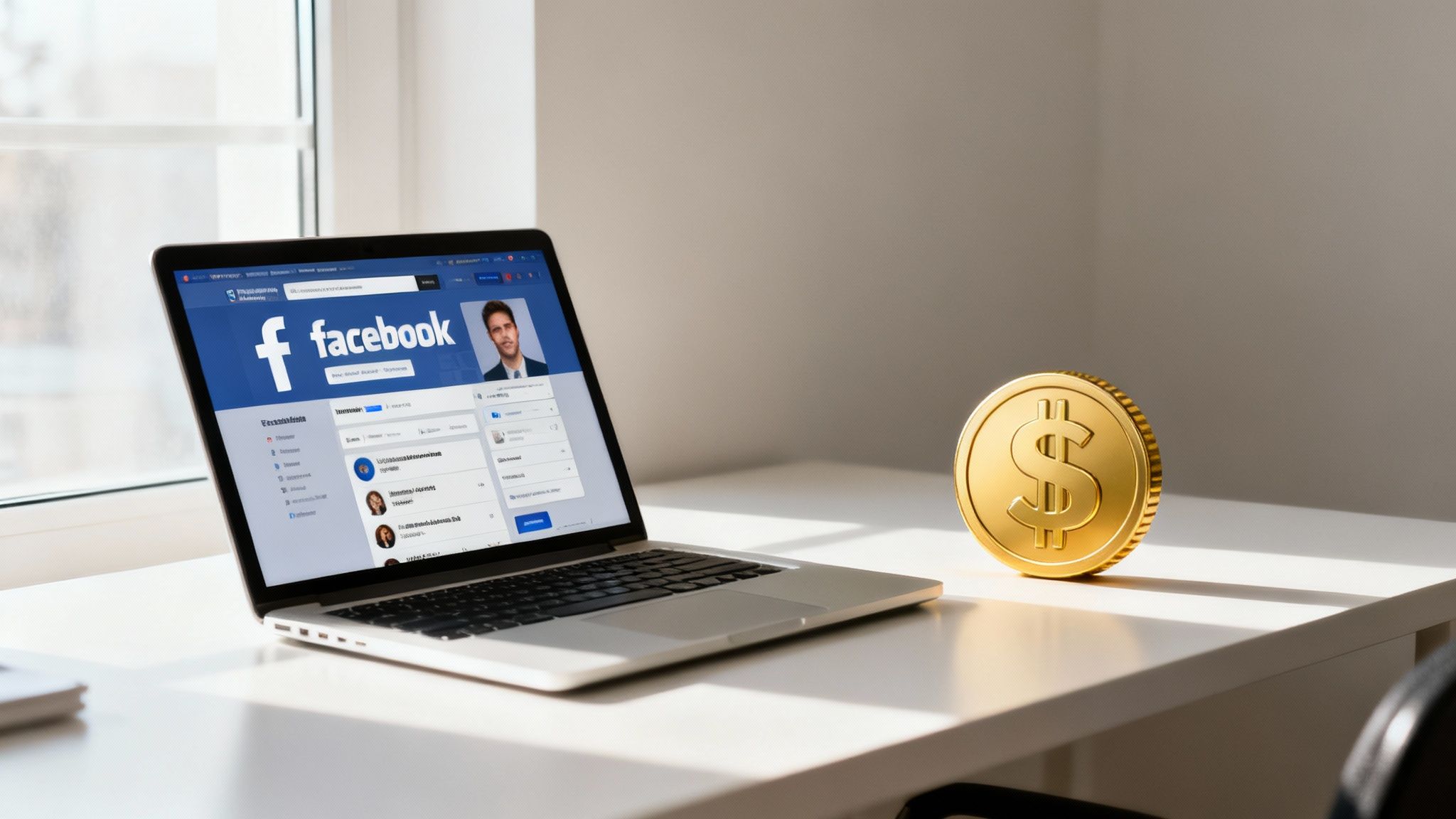 Laptop z otwartym Facebookiem i złota moneta dolara na biurku przy oknie, symbolizujące zarabianie online.