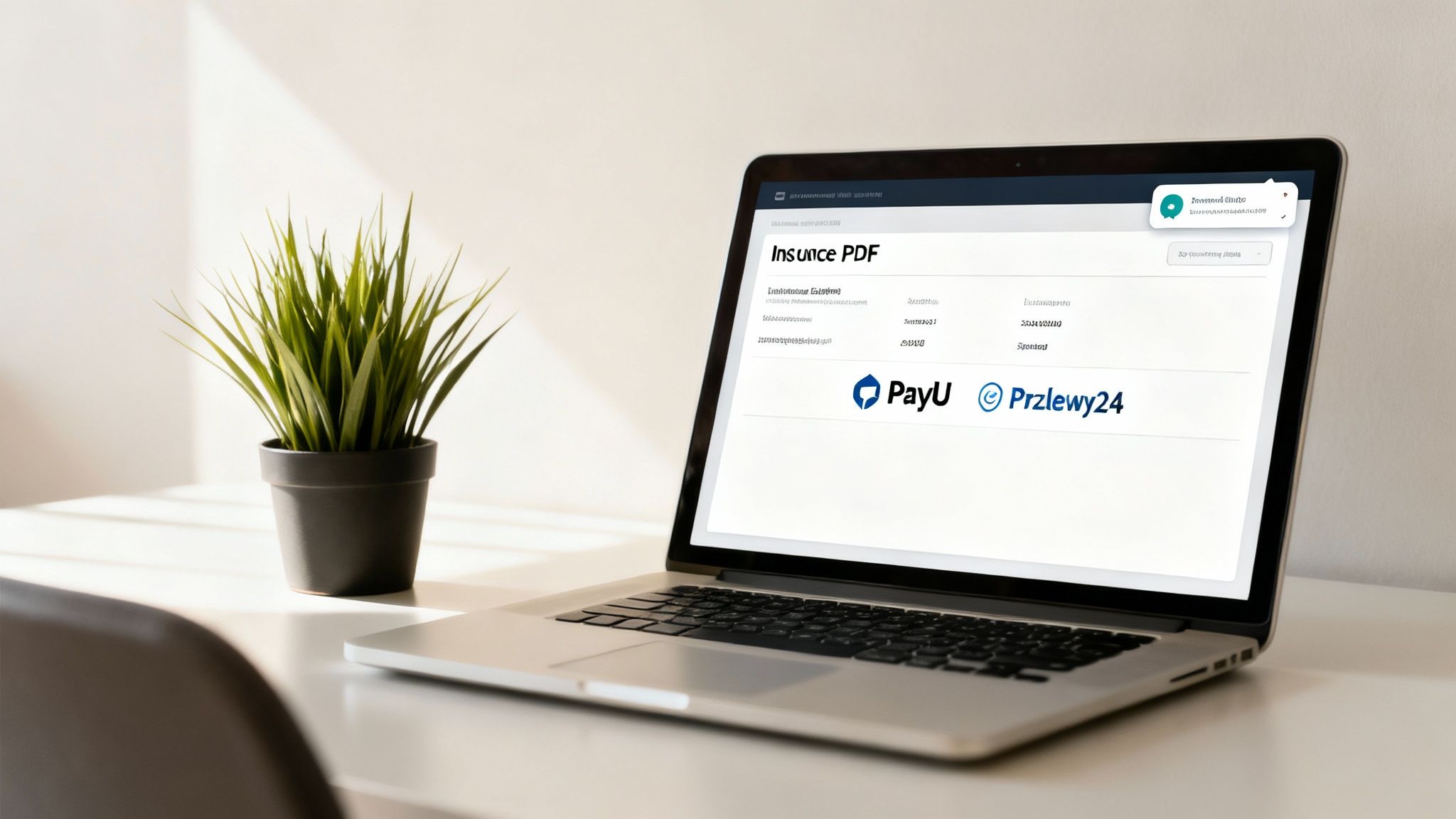 A laptop displays an insurance PDF payment page with PayU and Przelewy24 logos, beside a potted plant on a white desk.