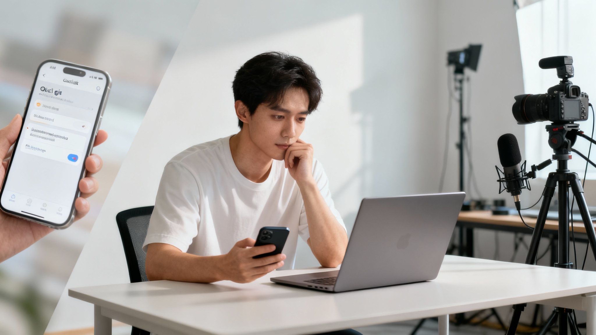 Młody mężczyzna przegląda telefon i laptop w pokoju ze sprzętem do streamowania. Ręka trzyma smartfon z aplikacją mobilną.