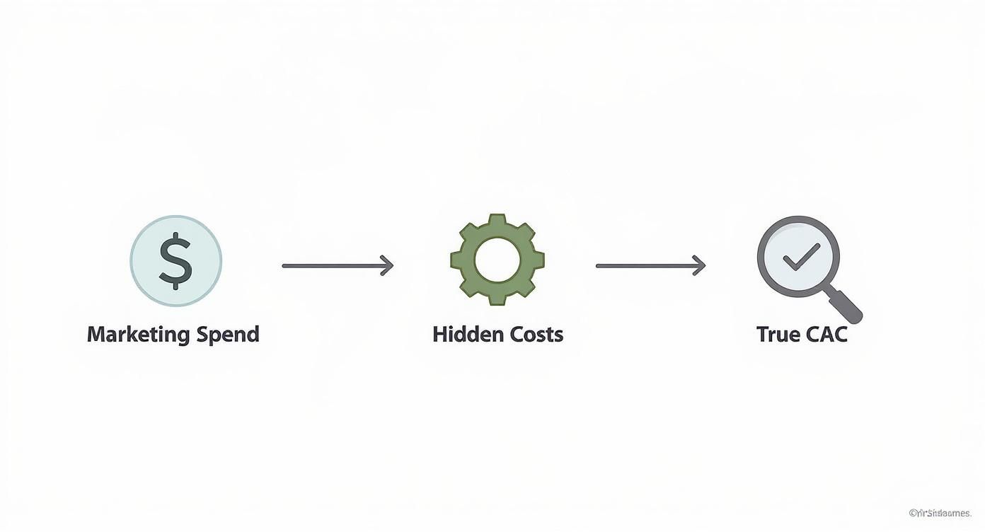 Diagram showing how Marketing Spend and Hidden Costs combine to determine the True Customer Acquisition Cost (CAC).
