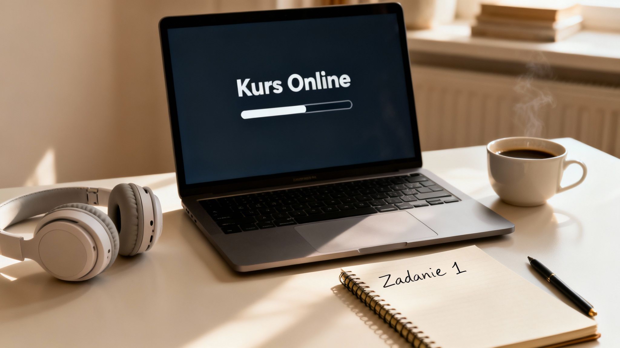 Na biurku laptop z napisem "Kurs Online" i paskiem postępu, słuchawki, filiżanka kawy i notatnik z Zadaniem 1.