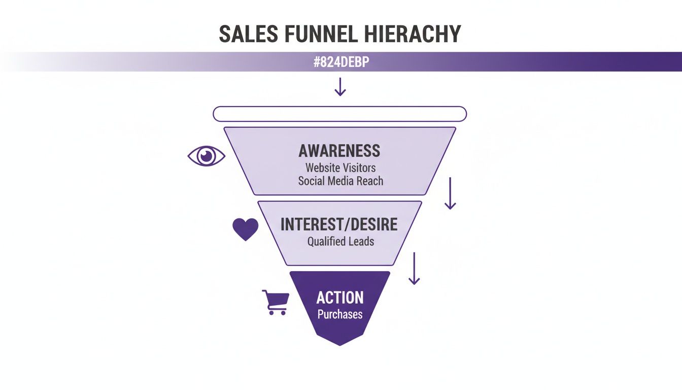 A sales funnel hierarchy diagram illustrating Awareness, Interest/Desire, and Action stages with icons.
